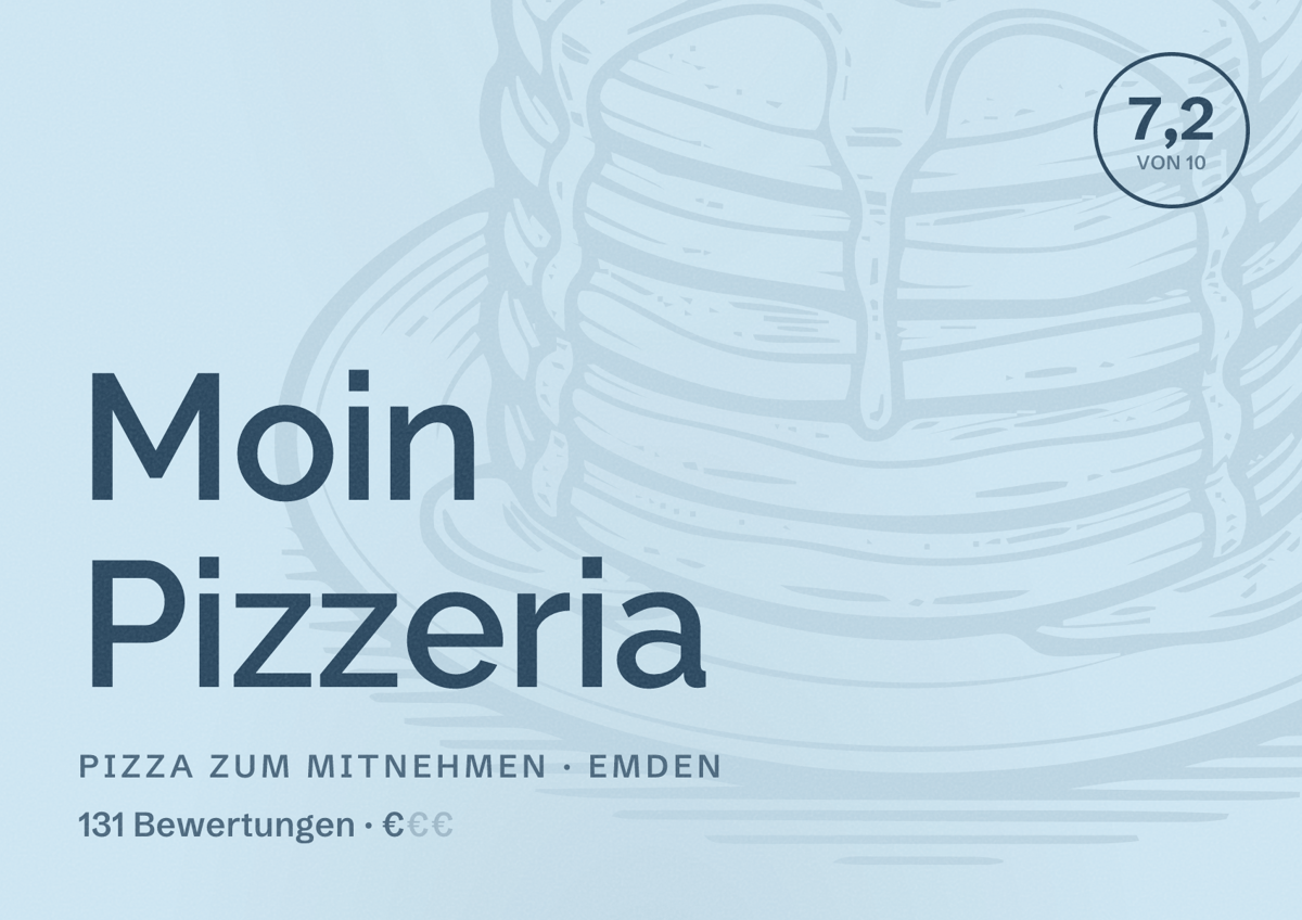 Illustriertes Poster von Moin Pizzeria, Pizza zum Mitnehmen in Emden: Bewertung 7,2 von 10 aus 131 Bewertungen, Preisniveau €