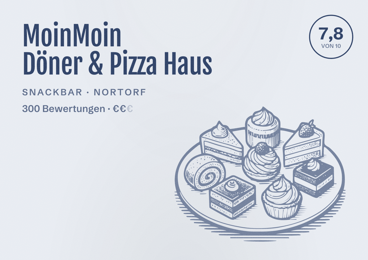Illustriertes Poster von MoinMoin Döner & Pizza Haus, Snackbar in Nortorf: Bewertung 7,8 von 10 aus 300 Bewertungen, Preisniveau €€