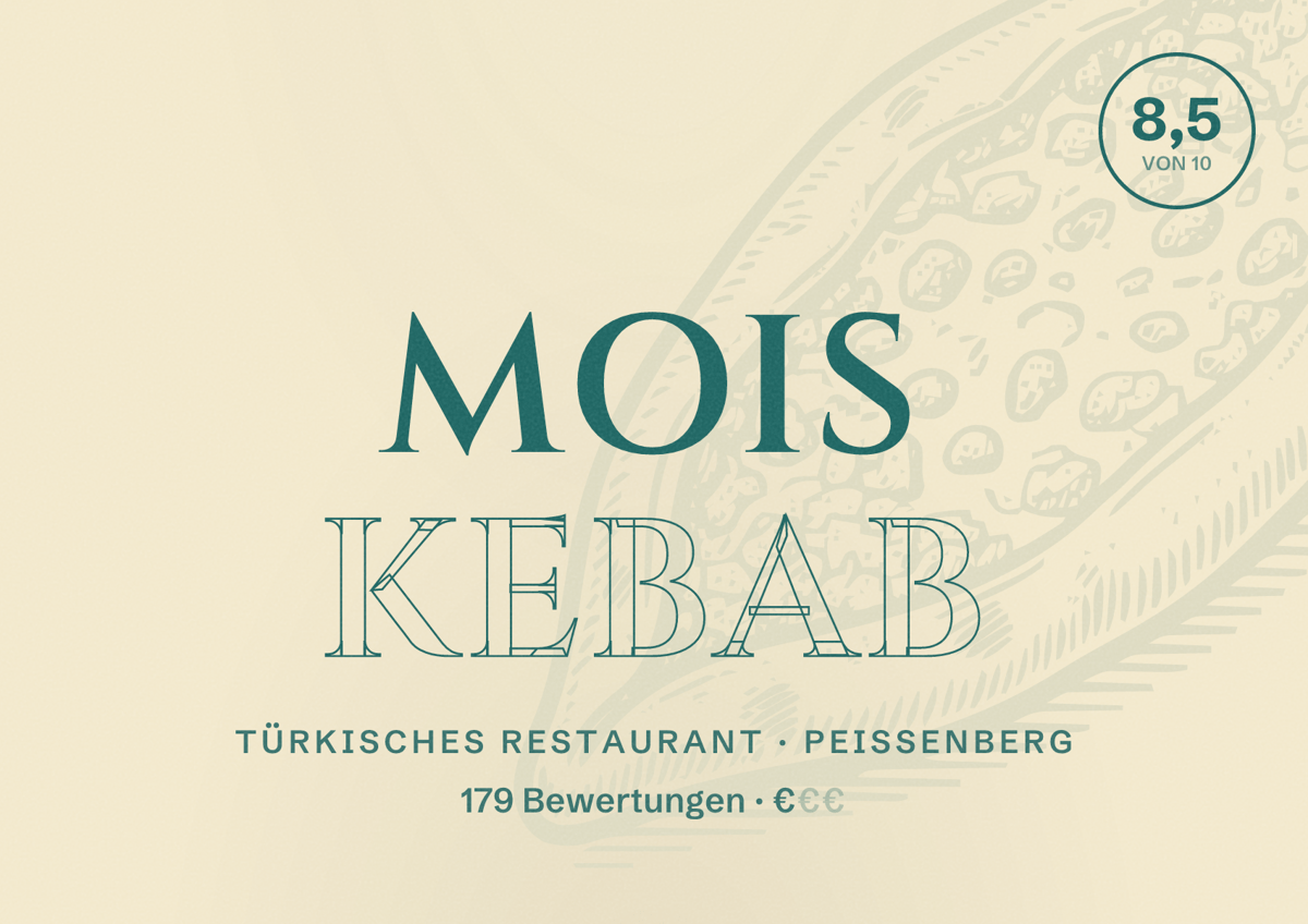 Illustriertes Poster von Mois Kebab, Türkisches Restaurant in Peißenberg: Bewertung 8,5 von 10 aus 179 Bewertungen, Preisniveau €