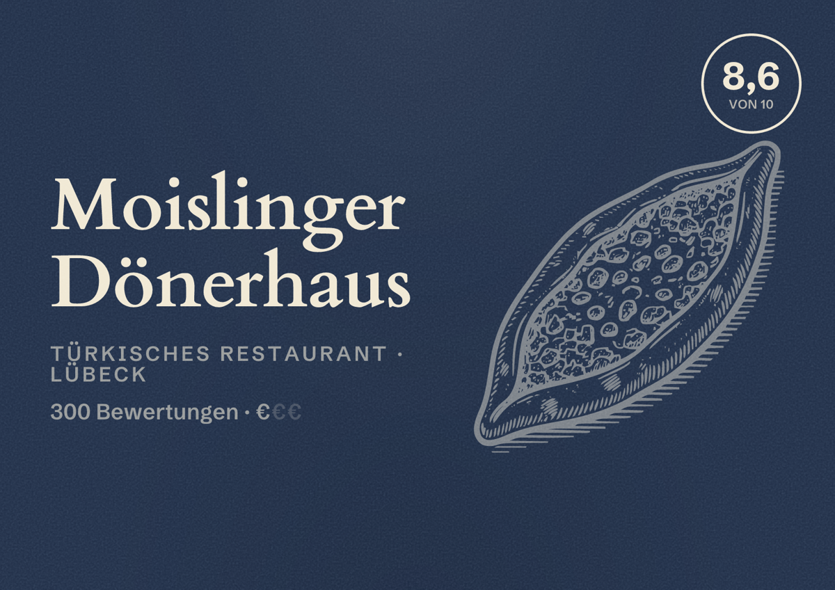 Illustriertes Poster von Moislinger Dönerhaus, Türkisches Restaurant in Lübeck: Bewertung 8,6 von 10 aus 300 Bewertungen, Preisniveau €