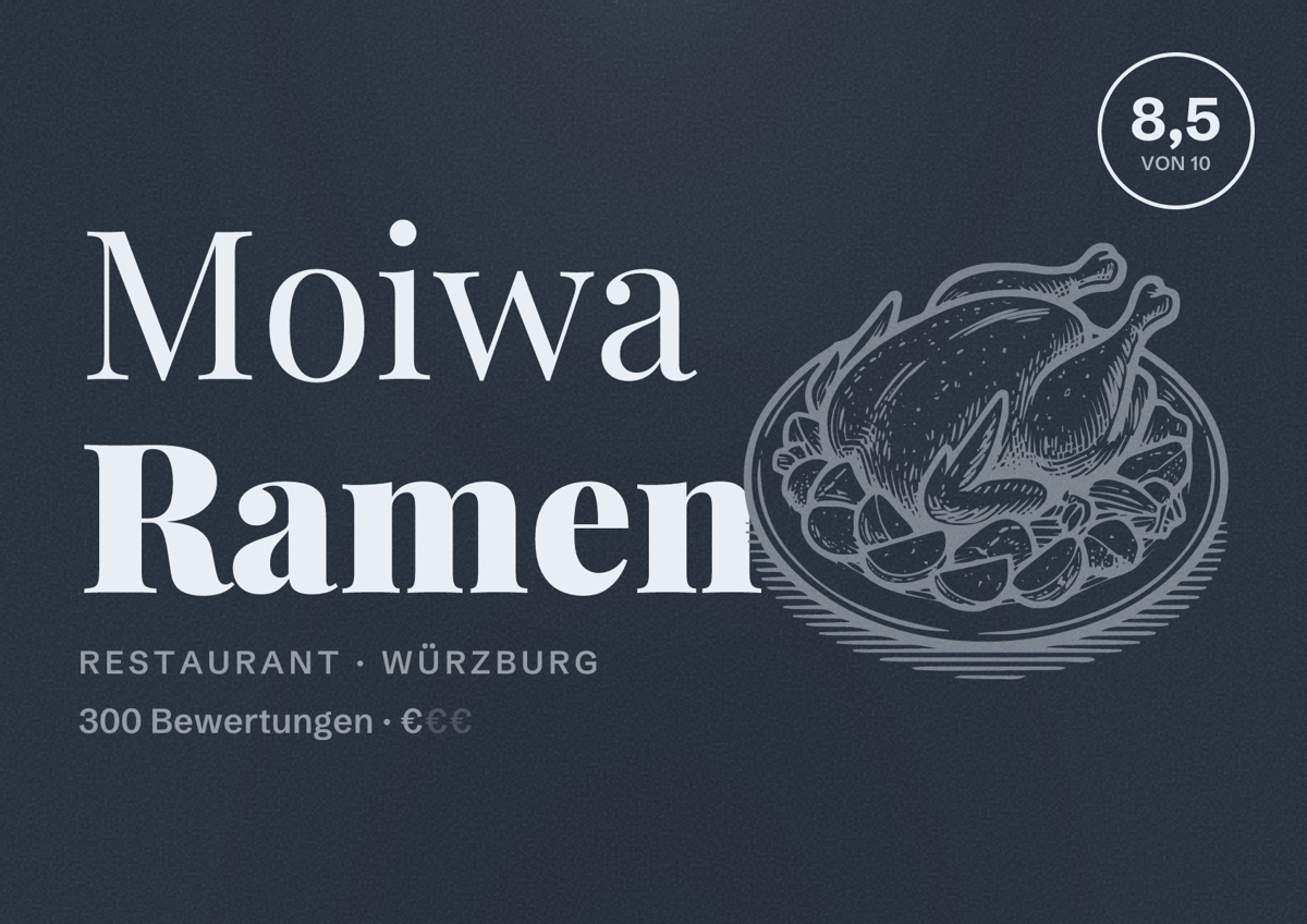 Illustriertes Poster von Moiwa Ramen, Restaurant in Würzburg: Bewertung 8,5 von 10 aus 300 Bewertungen, Preisniveau €