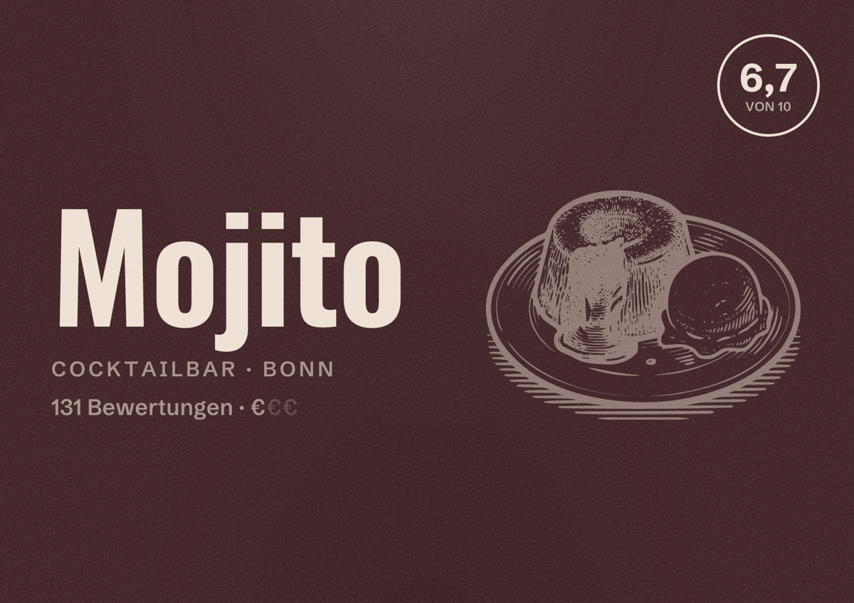 Illustriertes Poster von Mojito, Cocktailbar in Bonn: Bewertung 6,7 von 10 aus 131 Bewertungen, Preisniveau €