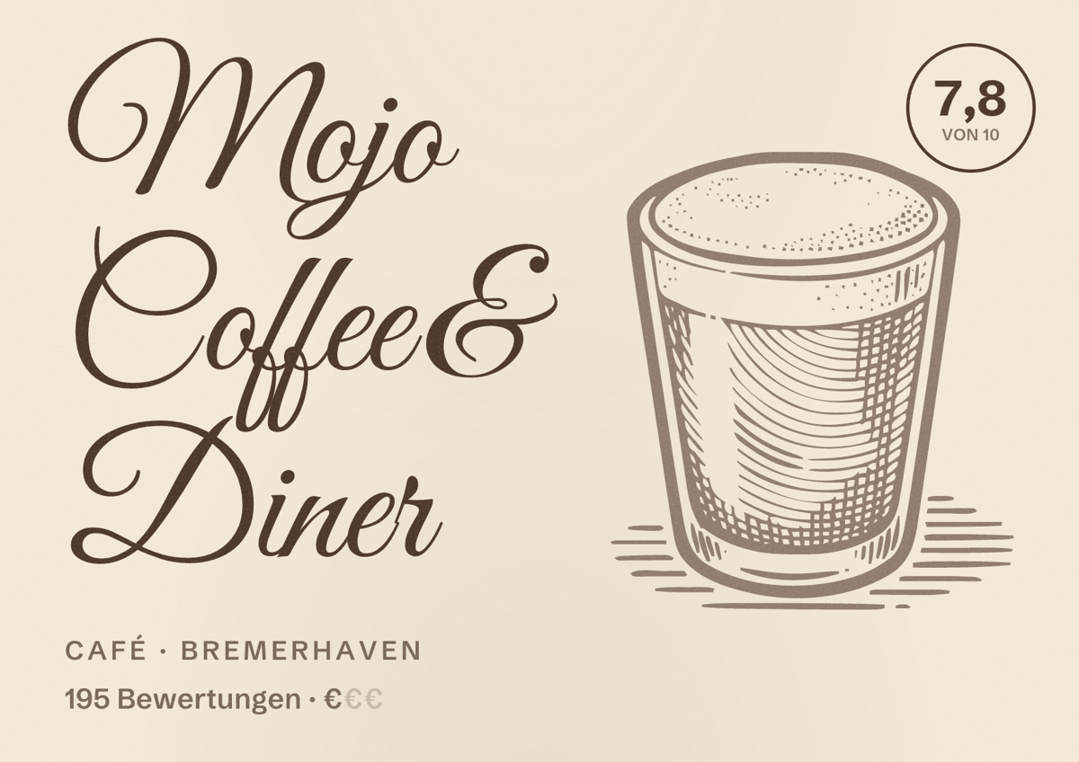 Illustriertes Poster von Mojo Coffee & Diner, Café in Bremerhaven: Bewertung 7,8 von 10 aus 195 Bewertungen, Preisniveau €