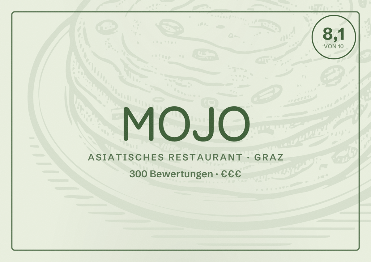 Illustriertes Poster von MOJO, Asiatisches Restaurant in Graz: Bewertung 8,1 von 10 aus 300 Bewertungen, Preisniveau €€€