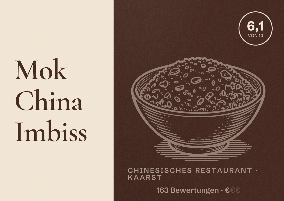 Illustriertes Poster von Mok China Imbiss, Chinesisches Restaurant in Kaarst: Bewertung 6,1 von 10 aus 163 Bewertungen, Preisniveau €