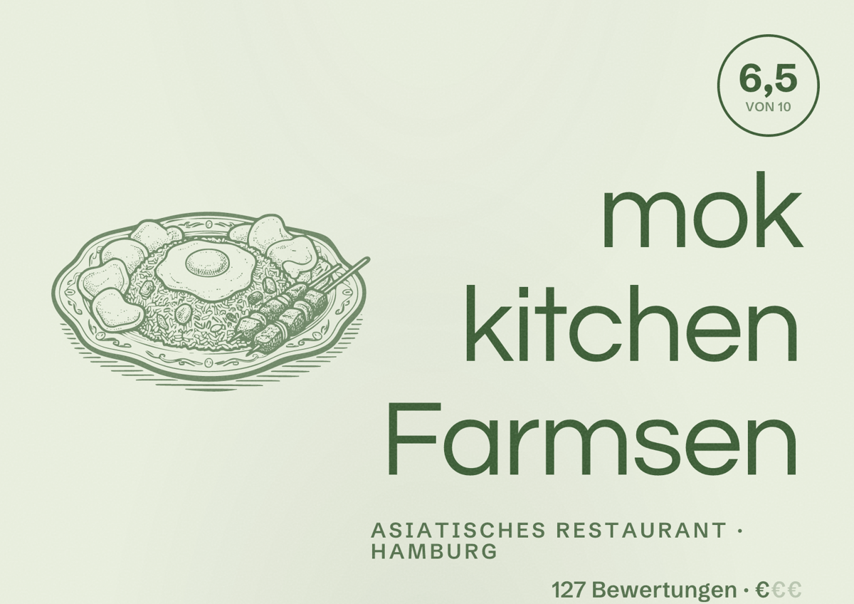 Illustriertes Poster von mok kitchen Farmsen, Asiatisches Restaurant in Hamburg: Bewertung 6,5 von 10 aus 127 Bewertungen, Preisniveau €