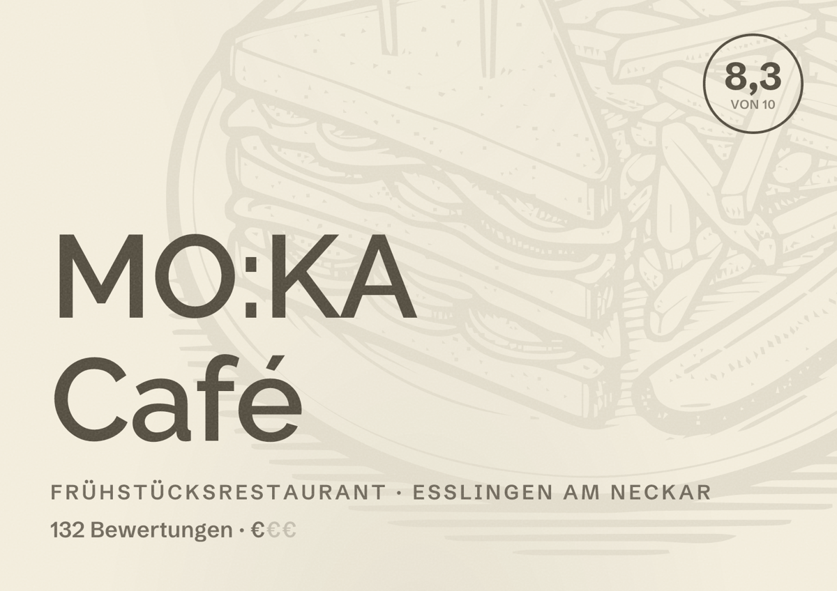 Illustriertes Poster von MO:KA Café, Frühstücksrestaurant in Esslingen am Neckar: Bewertung 8,3 von 10 aus 132 Bewertungen, Preisniveau €