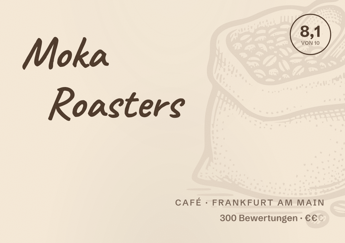 Illustriertes Poster von Moka Roasters, Café in Frankfurt am Main: Bewertung 8,1 von 10 aus 300 Bewertungen, Preisniveau €€