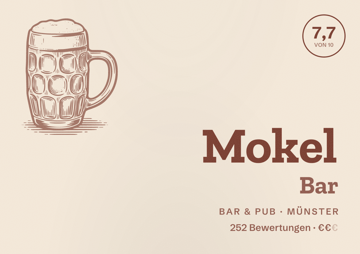 Illustriertes Poster von Mokel Bar, Bar & Pub in Münster: Bewertung 7,7 von 10 aus 252 Bewertungen, Preisniveau €€