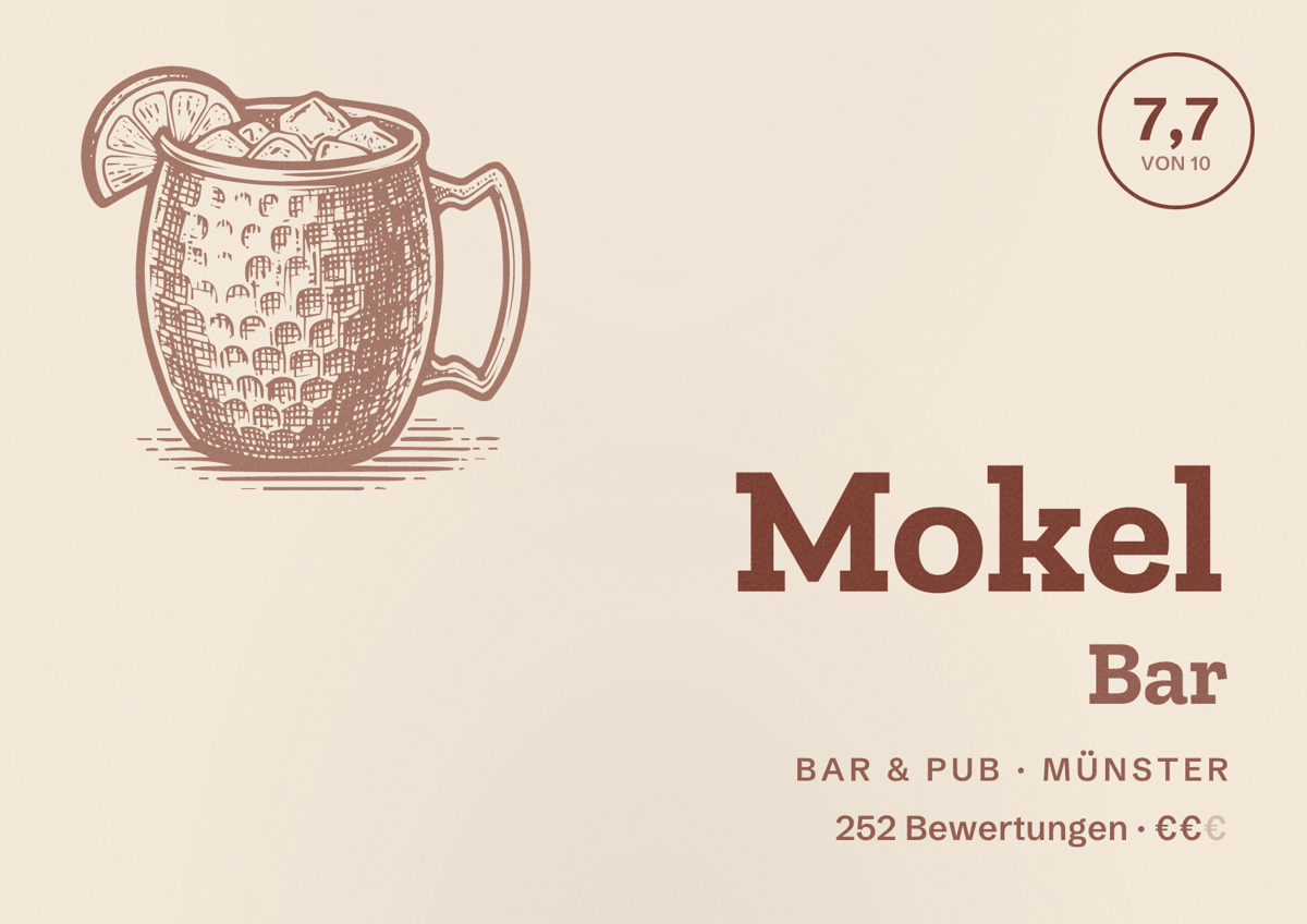 Illustriertes Poster von Mokel Bar, Bar & Pub in Münster: Bewertung 7,7 von 10 aus 252 Bewertungen, Preisniveau €€