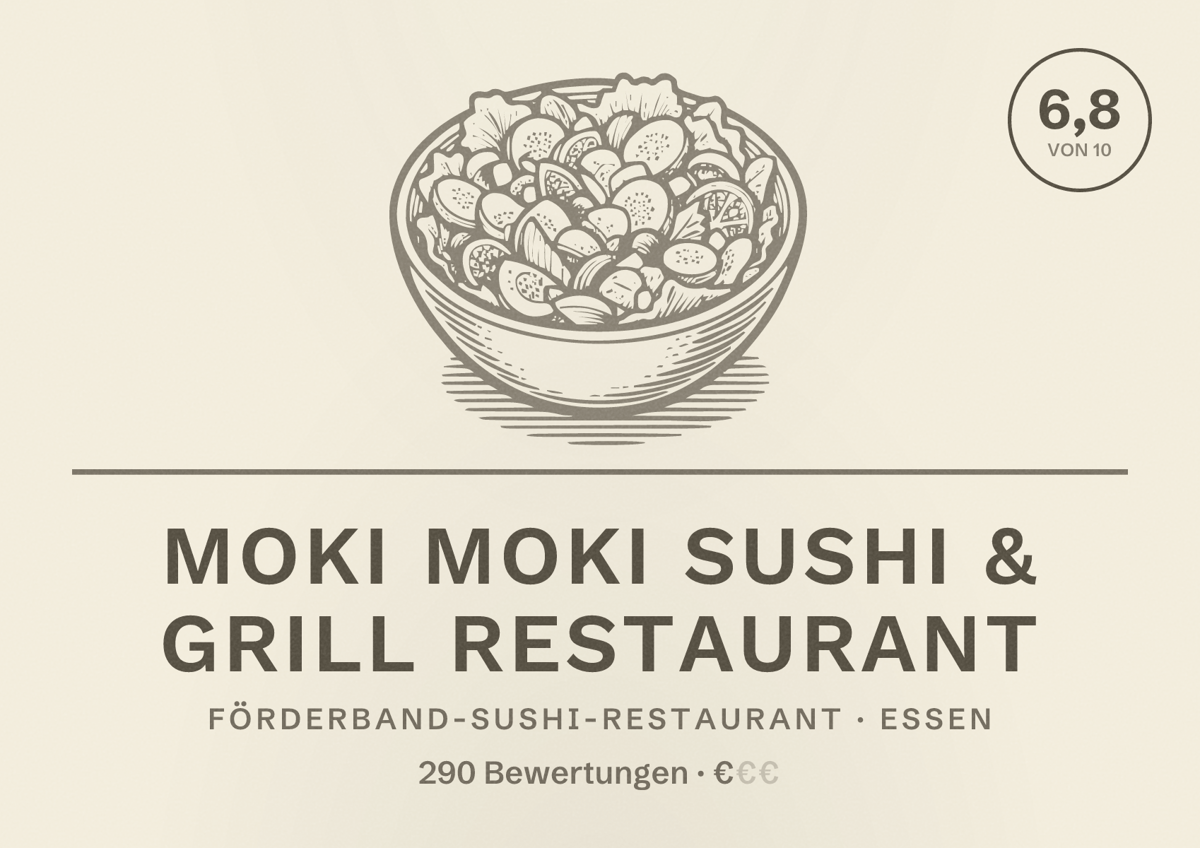 Illustriertes Poster von Moki Moki Sushi & Grill Restaurant, Förderband-Sushi-Restaurant in Essen: Bewertung 6,8 von 10 aus 290 Bewertungen, Preisniveau €