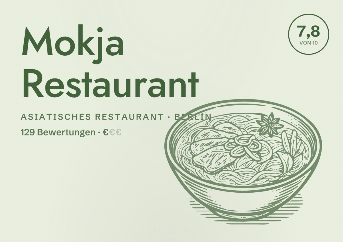 Illustriertes Poster von Mokja Restaurant, Asiatisches Restaurant in Berlin: Bewertung 7,8 von 10 aus 129 Bewertungen, Preisniveau €