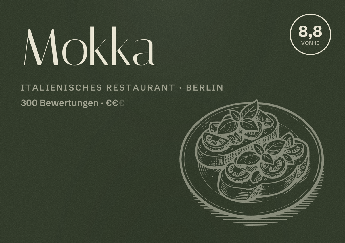 Illustriertes Poster von Mokka, Italienisches Restaurant in Berlin: Bewertung 8,8 von 10 aus 300 Bewertungen, Preisniveau €€