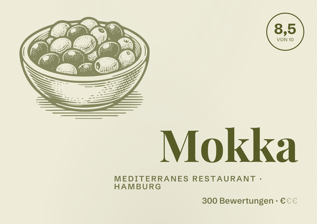 Illustriertes Poster von Mokka, Mediterranes Restaurant in Hamburg: Bewertung 8,5 von 10 aus 300 Bewertungen, Preisniveau €