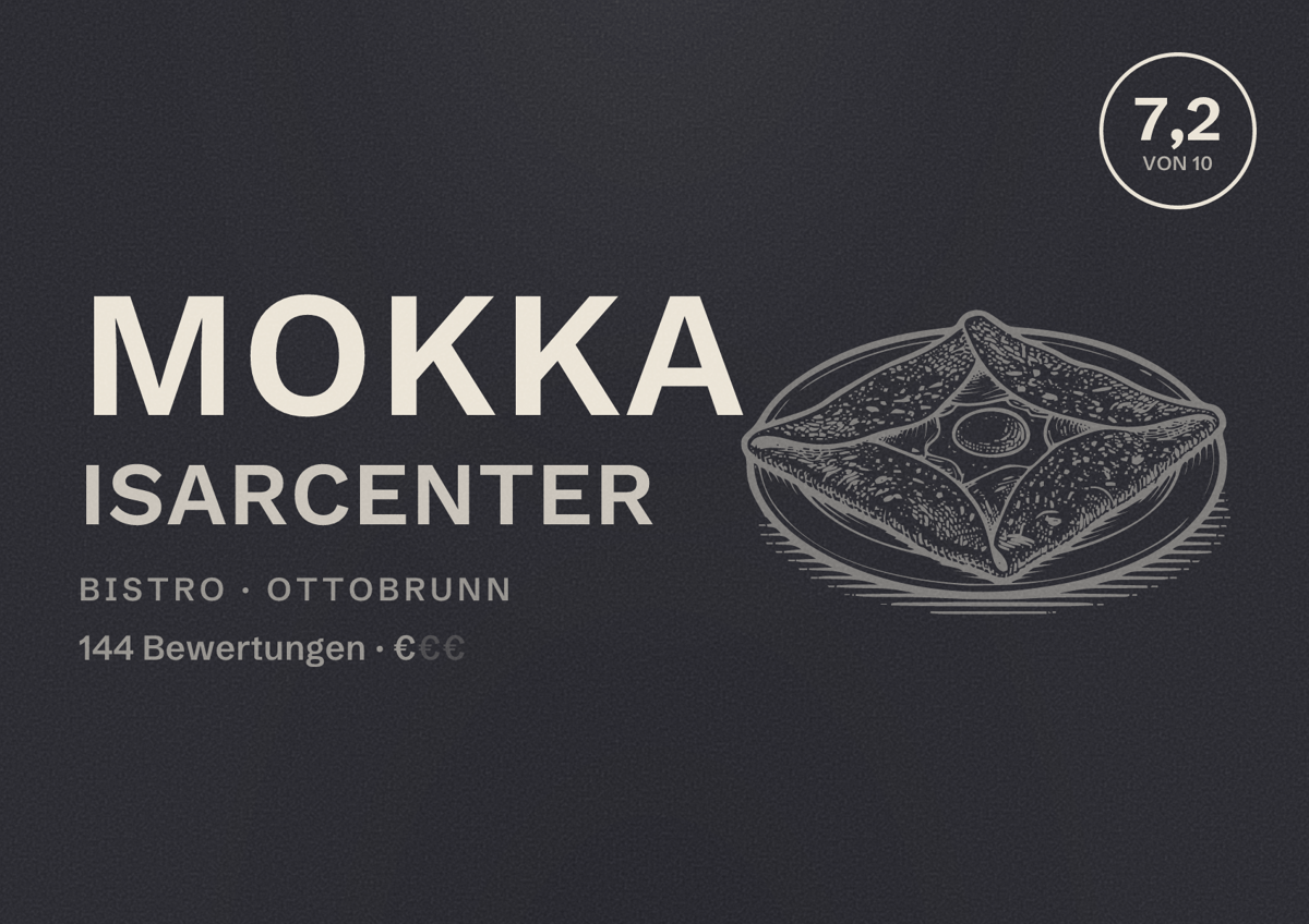 Illustriertes Poster von Mokka Isarcenter, Bistro in Ottobrunn: Bewertung 7,2 von 10 aus 144 Bewertungen, Preisniveau €
