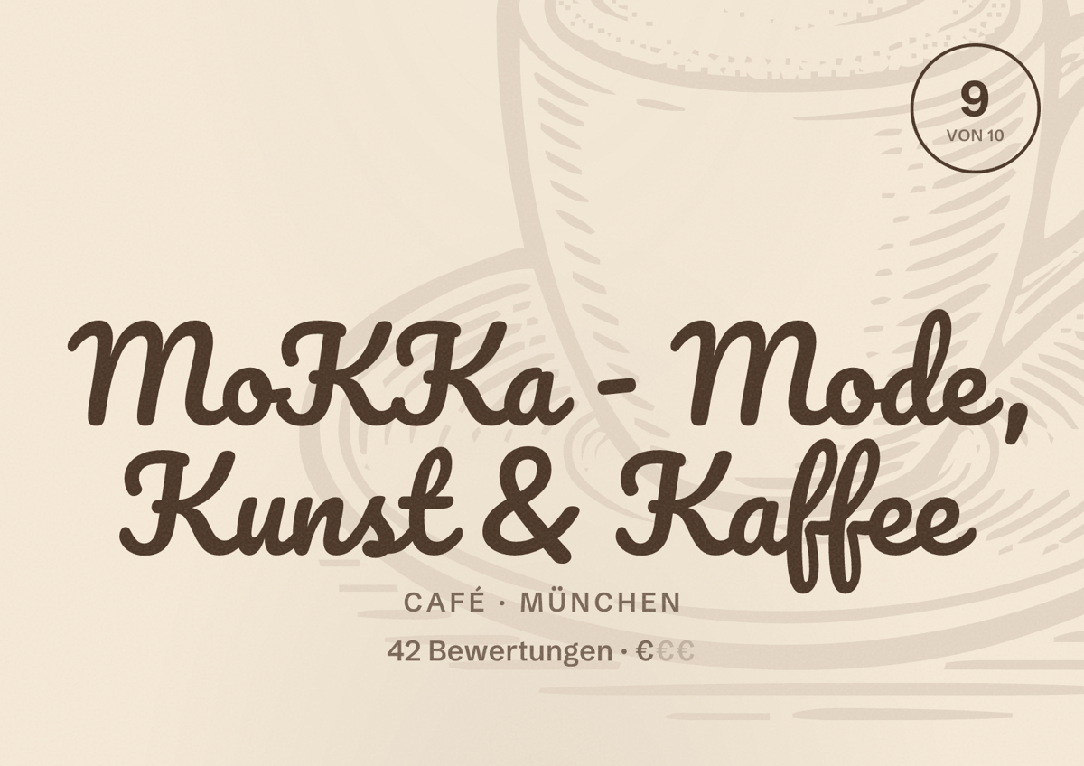 Illustriertes Poster von MoKKa - Mode, Kunst & Kaffee, Café in München: Bewertung 9 von 10 aus 42 Bewertungen, Preisniveau €