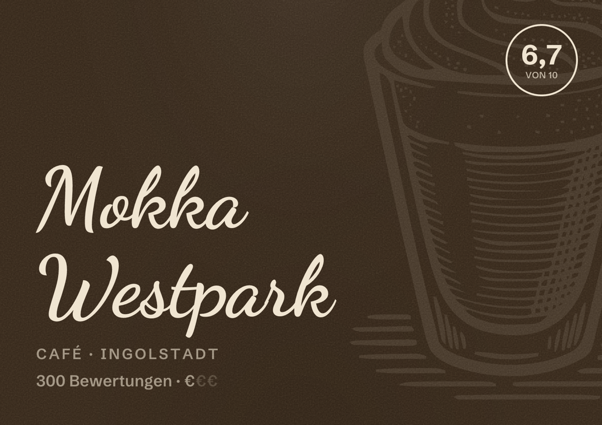 Illustriertes Poster von Mokka Westpark, Café in Ingolstadt: Bewertung 6,7 von 10 aus 300 Bewertungen, Preisniveau €