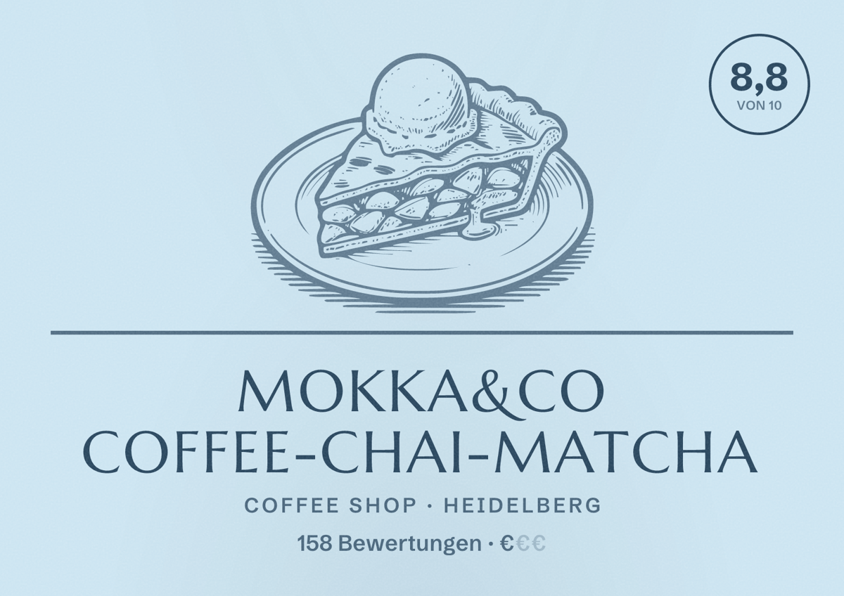 Illustriertes Poster von Mokka&Co Coffee-Chai-Matcha, Coffee Shop in Heidelberg: Bewertung 8,8 von 10 aus 158 Bewertungen, Preisniveau €
