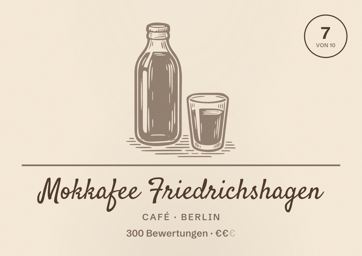 Illustriertes Poster von Mokkafee Friedrichshagen, Café in Berlin: Bewertung 7,0 von 10 aus 300 Bewertungen, Preisniveau €€