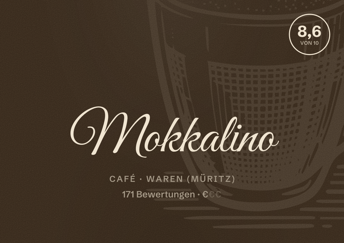 Illustriertes Poster von Mokkalino, Café in Waren (Müritz): Bewertung 8,6 von 10 aus 171 Bewertungen, Preisniveau €