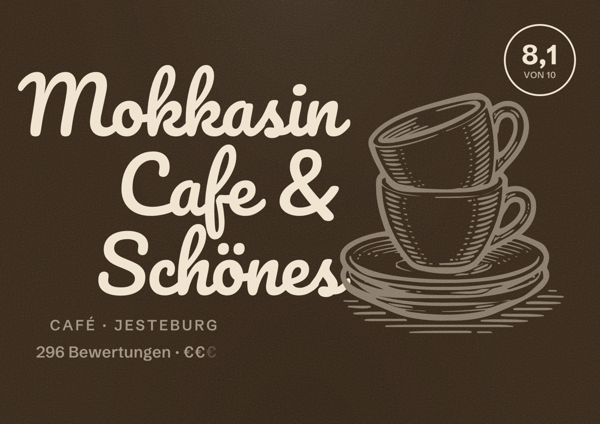Illustriertes Poster von Mokkasin Cafe & Schönes, Café in Jesteburg: Bewertung 8,1 von 10 aus 296 Bewertungen, Preisniveau €€
