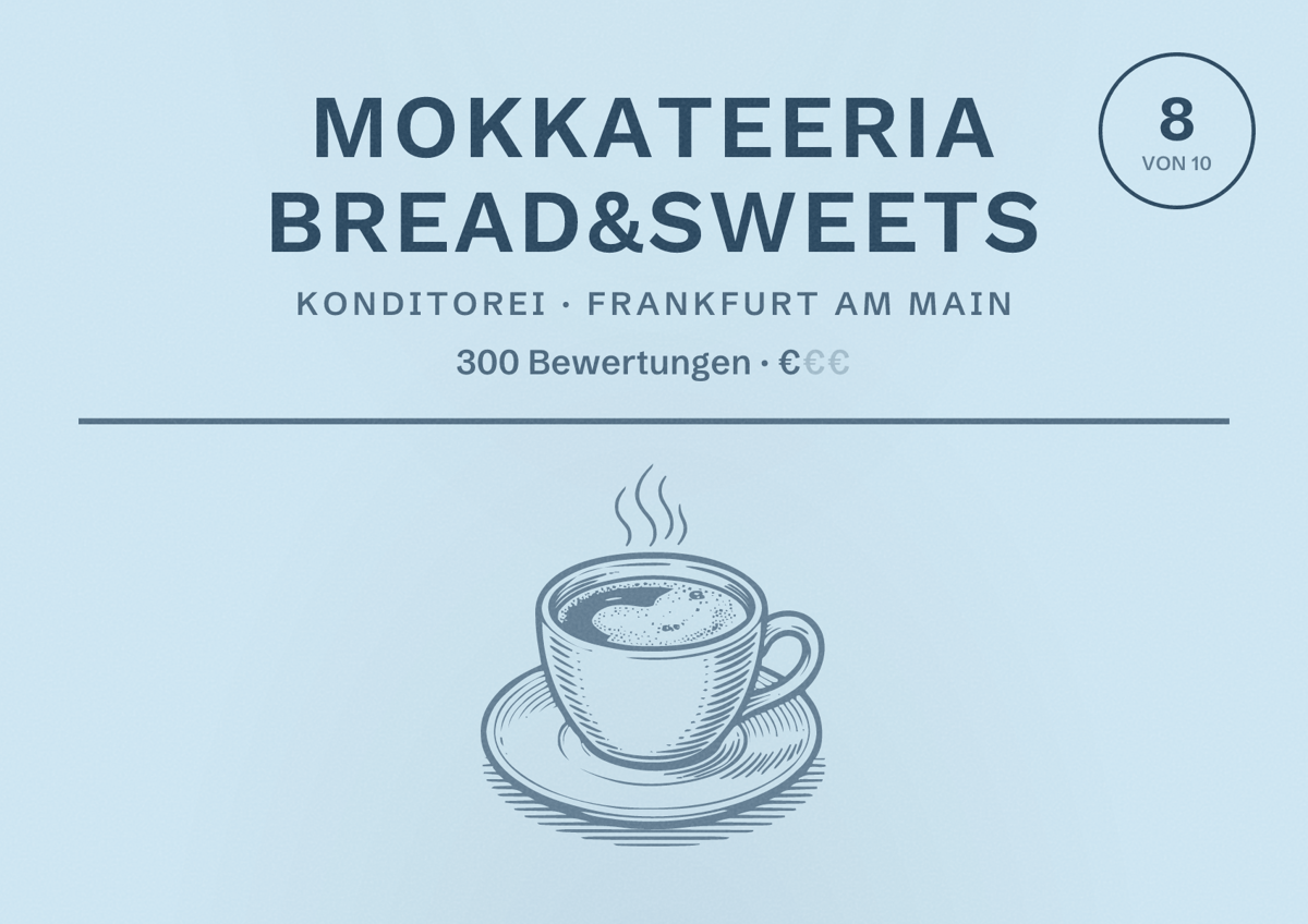 Illustriertes Poster von MokkaTeeria Bread&Sweets, Konditorei in Frankfurt am Main: Bewertung 8 von 10 aus 300 Bewertungen, Preisniveau €