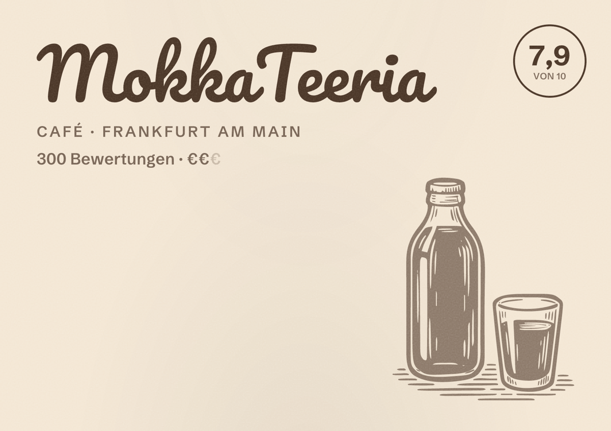 Illustriertes Poster von MokkaTeeria, Café in Frankfurt am Main: Bewertung 7,9 von 10 aus 300 Bewertungen, Preisniveau €€