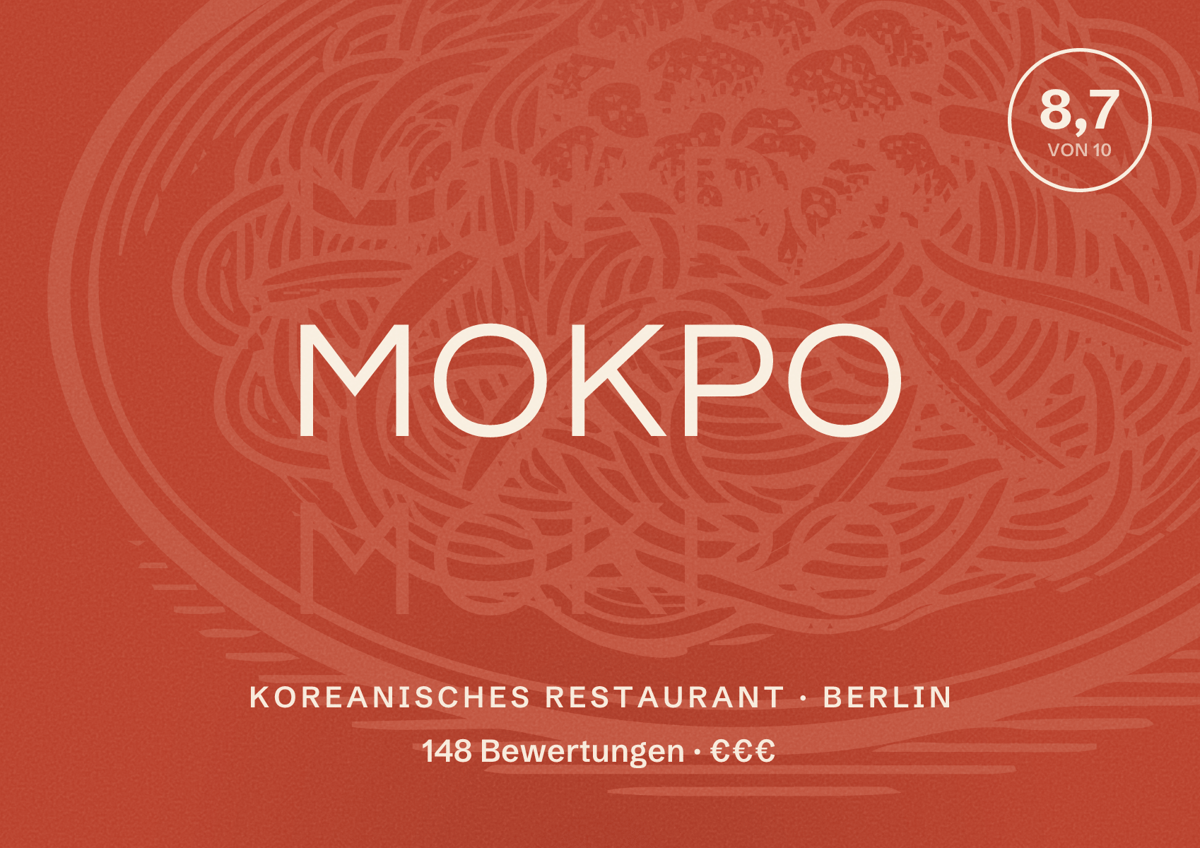 Illustriertes Poster von MOKPO, Koreanisches Restaurant in Berlin: Bewertung 8,7 von 10 aus 148 Bewertungen, Preisniveau €€€