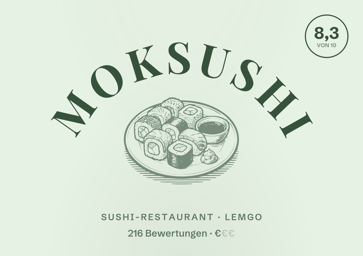 Illustriertes Poster von Moksushi, Sushi-Restaurant in Lemgo: Bewertung 8,3 von 10 aus 216 Bewertungen, Preisniveau €
