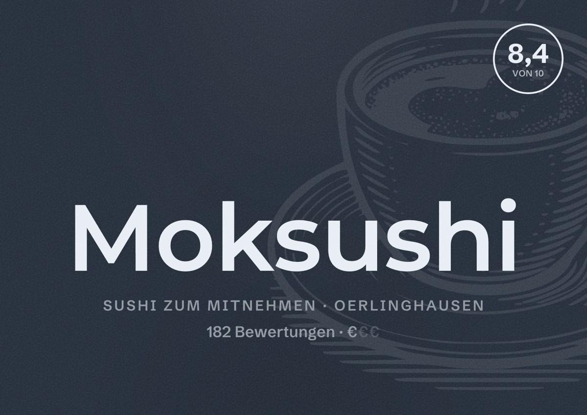 Illustriertes Poster von Moksushi, Sushi zum Mitnehmen in Oerlinghausen: Bewertung 8,4 von 10 aus 182 Bewertungen, Preisniveau €