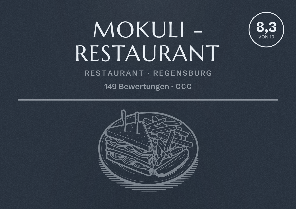 Illustriertes Poster von Mokuli - Restaurant, Restaurant in Regensburg: Bewertung 8,3 von 10 aus 149 Bewertungen, Preisniveau €€€