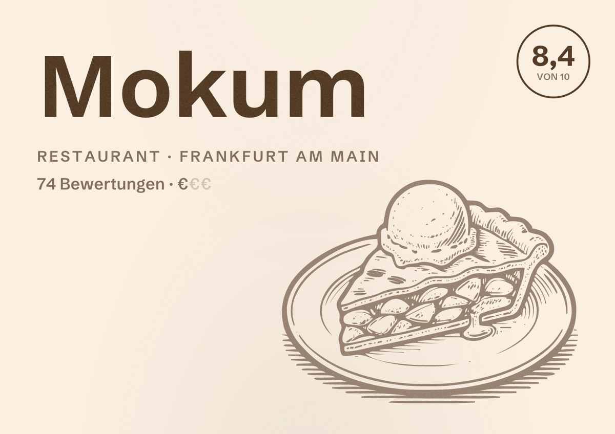 Illustriertes Poster von Mokum, Restaurant in Frankfurt am Main: Bewertung 8,4 von 10 aus 74 Bewertungen, Preisniveau €