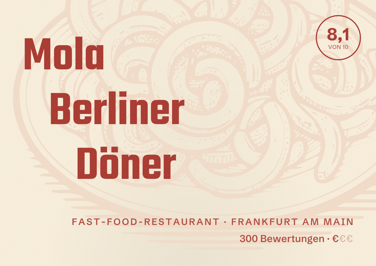 Illustriertes Poster von Mola Berliner Döner, Fast-Food-Restaurant in Frankfurt am Main: Bewertung 8,1 von 10 aus 300 Bewertungen, Preisniveau €