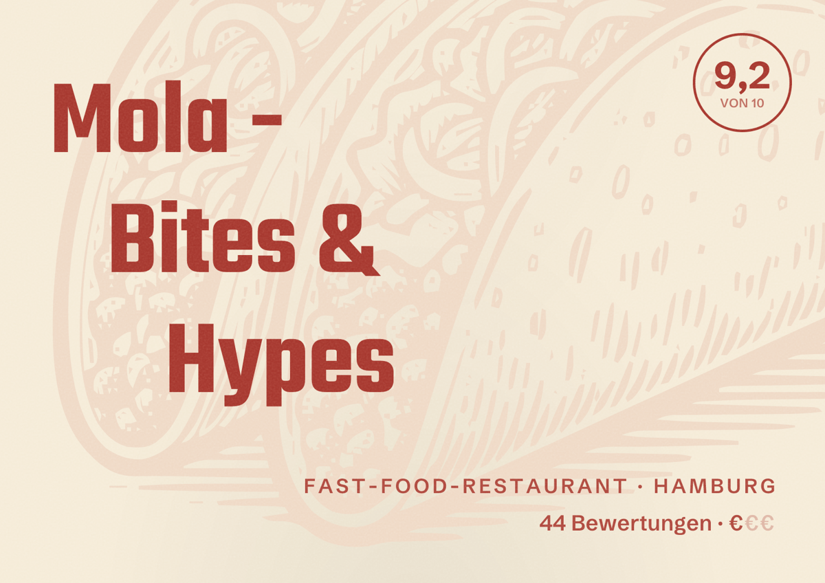 Illustriertes Poster von Mola - Bites & Hypes, Fast-Food-Restaurant in Hamburg: Bewertung 9,2 von 10 aus 44 Bewertungen, Preisniveau €