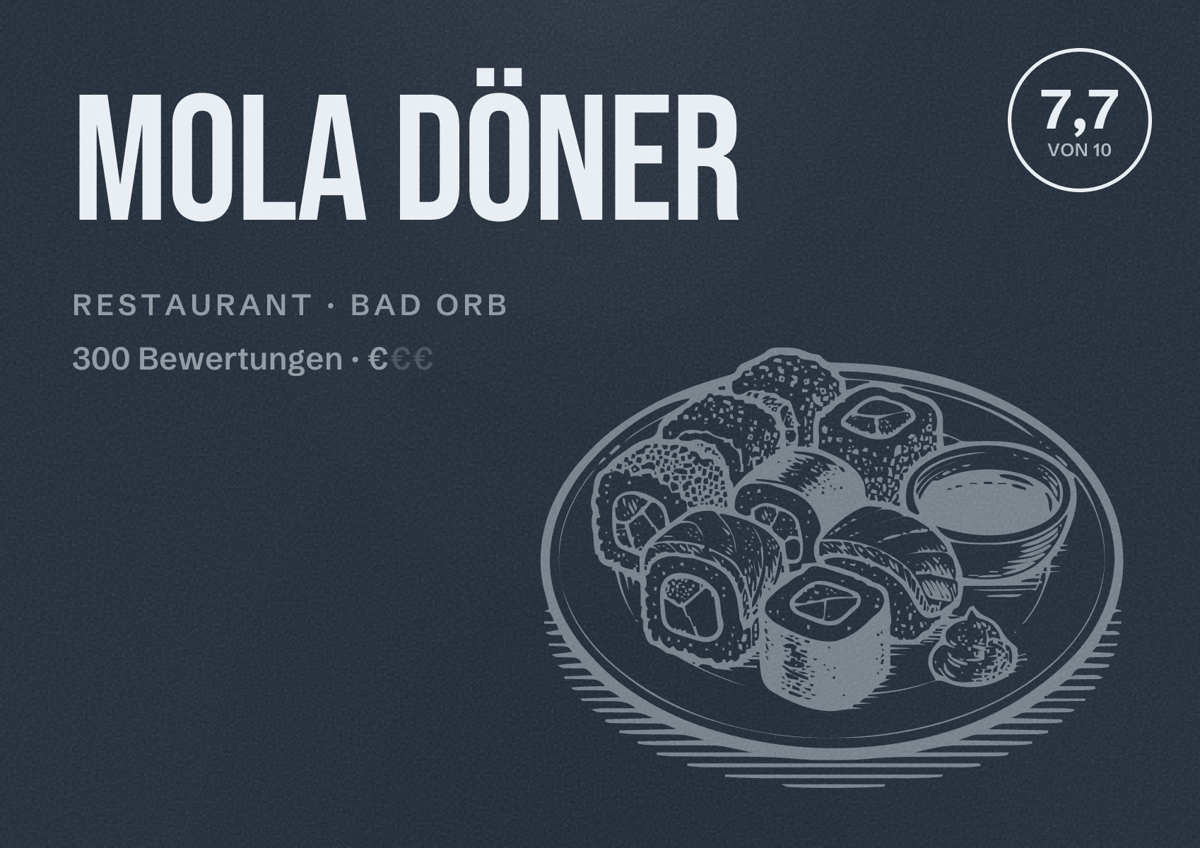 Illustriertes Poster von Mola Döner, Restaurant in Bad Orb: Bewertung 7,7 von 10 aus 300 Bewertungen, Preisniveau €