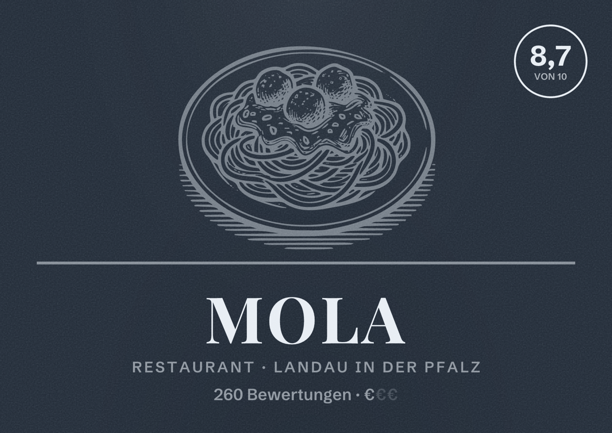 Illustriertes Poster von Mola, Restaurant in Landau in der Pfalz: Bewertung 8,7 von 10 aus 260 Bewertungen, Preisniveau €