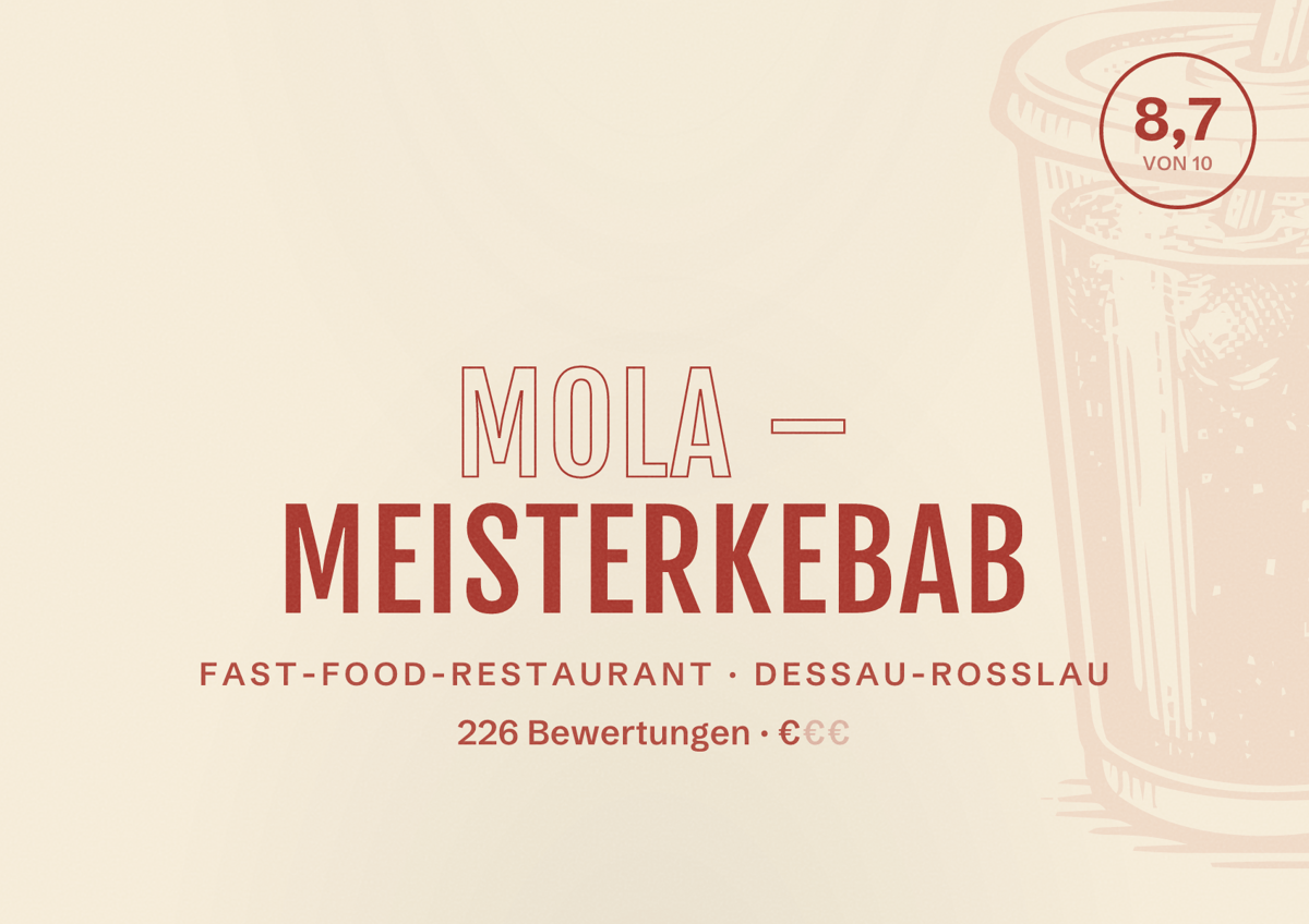 Illustriertes Poster von MOLA – MeisterKebab, Fast-Food-Restaurant in Dessau-Roßlau: Bewertung 8,7 von 10 aus 226 Bewertungen, Preisniveau €