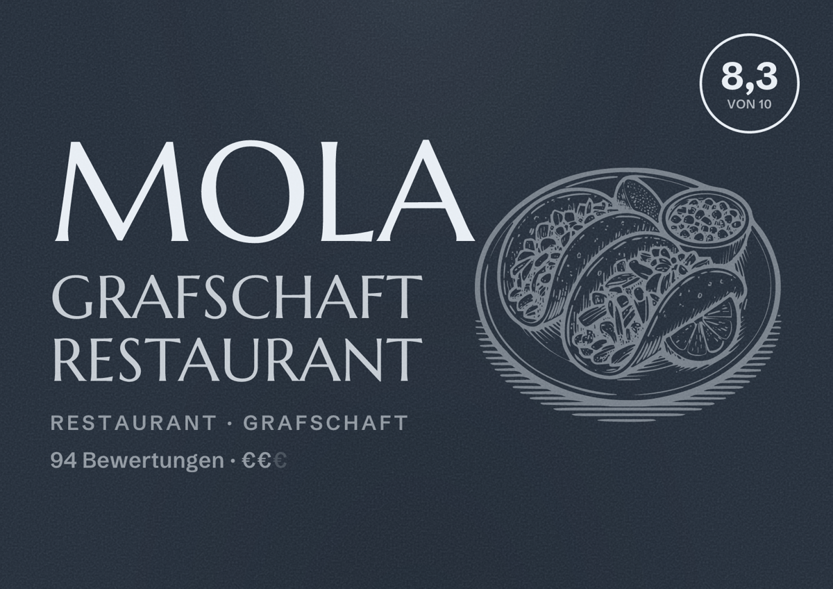 Illustriertes Poster von Mola Grafschaft Restaurant, Restaurant in Grafschaft: Bewertung 8,3 von 10 aus 94 Bewertungen, Preisniveau €€