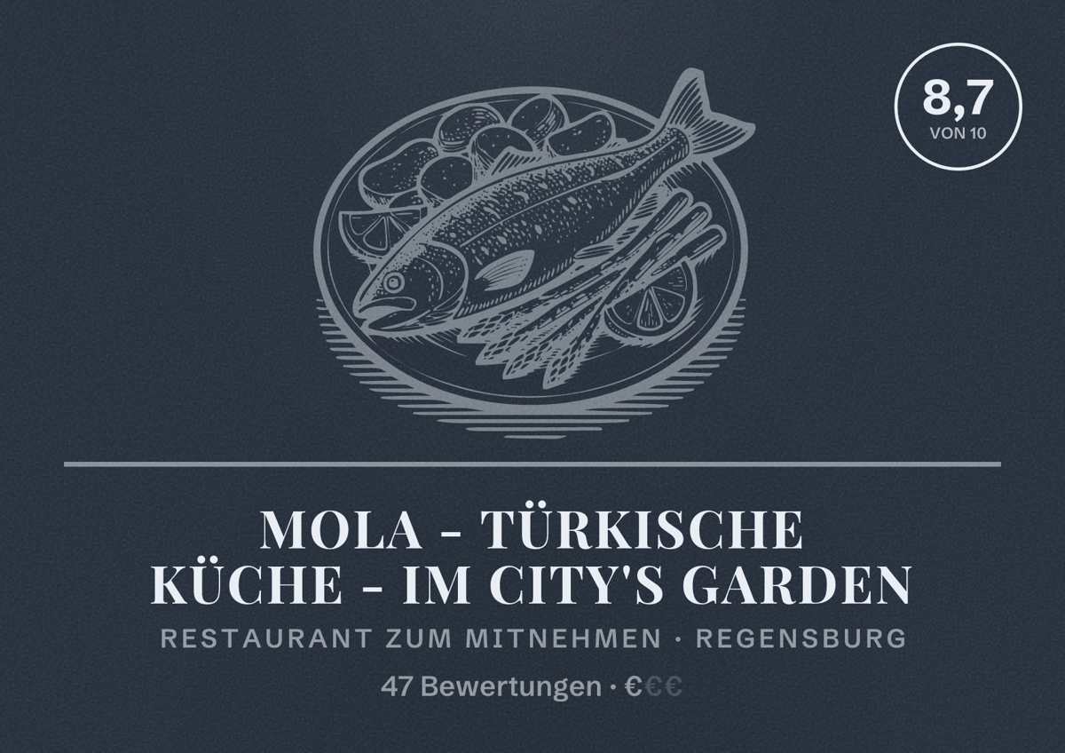 Illustriertes Poster von MOLA - Türkische Küche - im City's Garden, Restaurant zum Mitnehmen in Regensburg: Bewertung 8,7 von 10 aus 47 Bewertungen, Preisniveau €