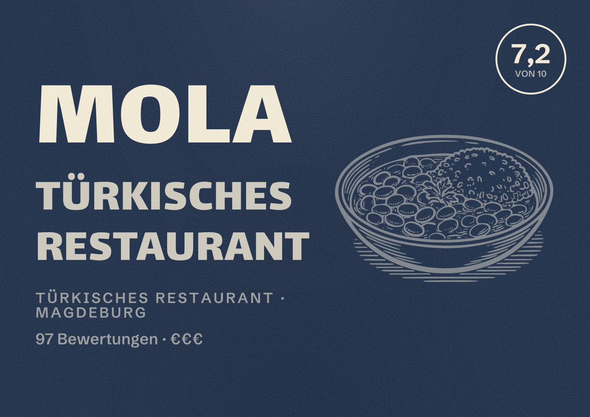 Illustriertes Poster von mola Türkisches Restaurant, Türkisches Restaurant in Magdeburg: Bewertung 7,2 von 10 aus 97 Bewertungen, Preisniveau €€€