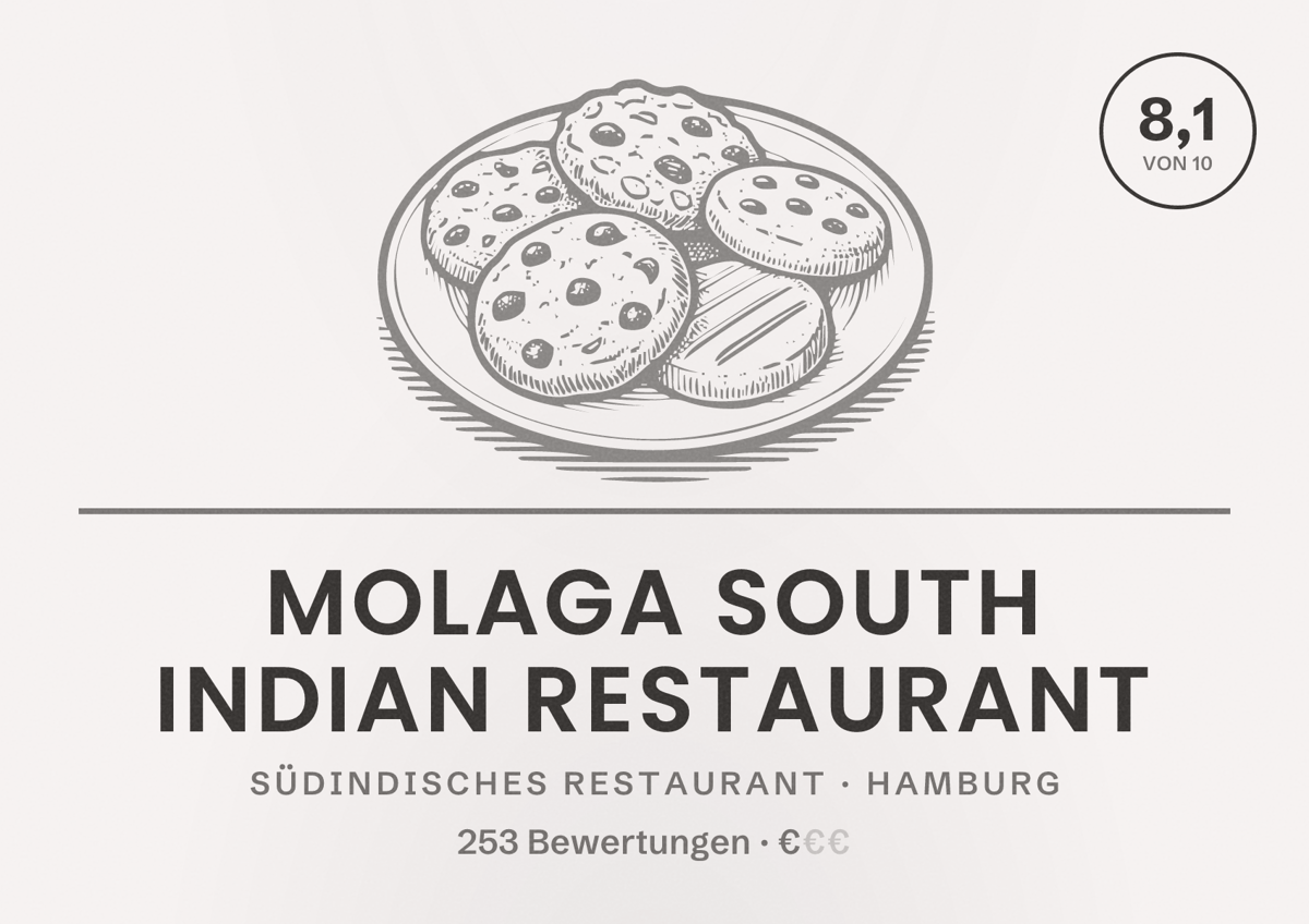 Illustriertes Poster von Molaga South Indian Restaurant, Südindisches Restaurant in Hamburg: Bewertung 8,1 von 10 aus 253 Bewertungen, Preisniveau €