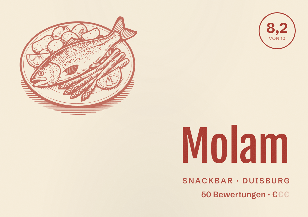Illustriertes Poster von Molam, Snackbar in Duisburg: Bewertung 8,2 von 10 aus 50 Bewertungen, Preisniveau €