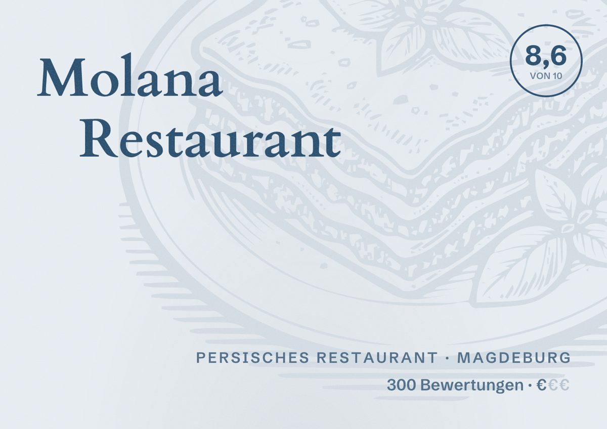 Illustriertes Poster von Molana Restaurant, Persisches Restaurant in Magdeburg: Bewertung 8,6 von 10 aus 300 Bewertungen, Preisniveau €