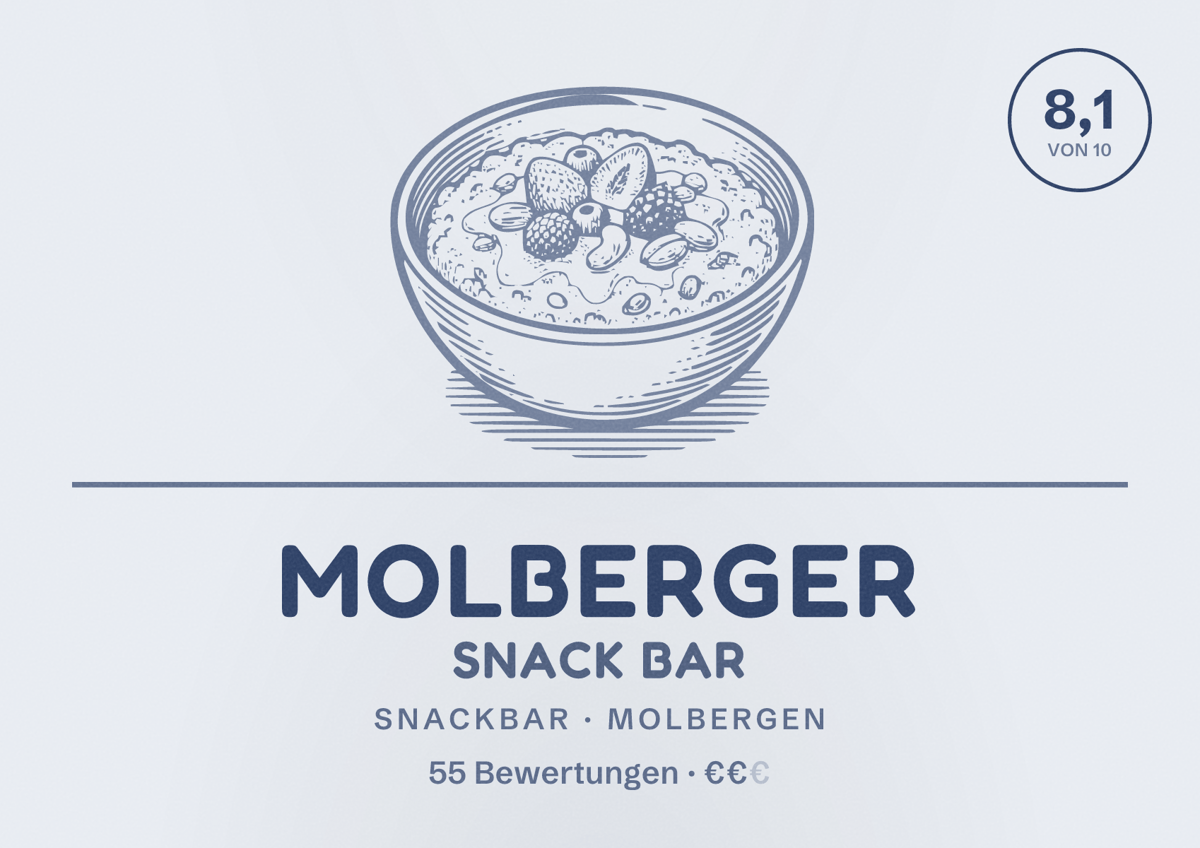 Illustriertes Poster von Molberger Snack Bar, Snackbar in Molbergen: Bewertung 8,1 von 10 aus 55 Bewertungen, Preisniveau €€