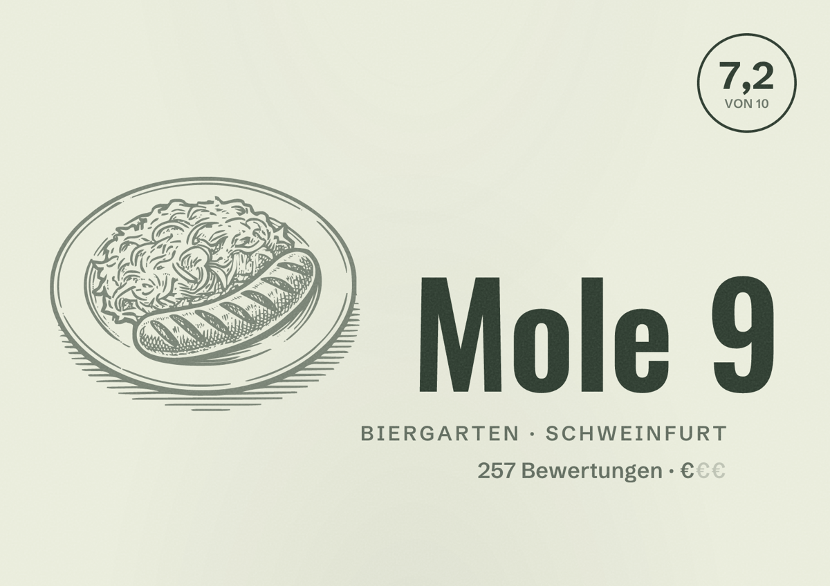 Illustriertes Poster von Mole 9, Biergarten in Schweinfurt: Bewertung 7,2 von 10 aus 257 Bewertungen, Preisniveau €