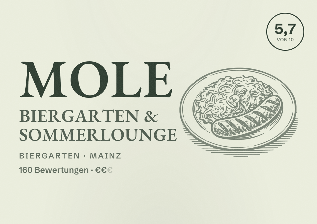 Illustriertes Poster von Mole Biergarten & Sommerlounge, Biergarten in Mainz: Bewertung 5,7 von 10 aus 160 Bewertungen, Preisniveau €€