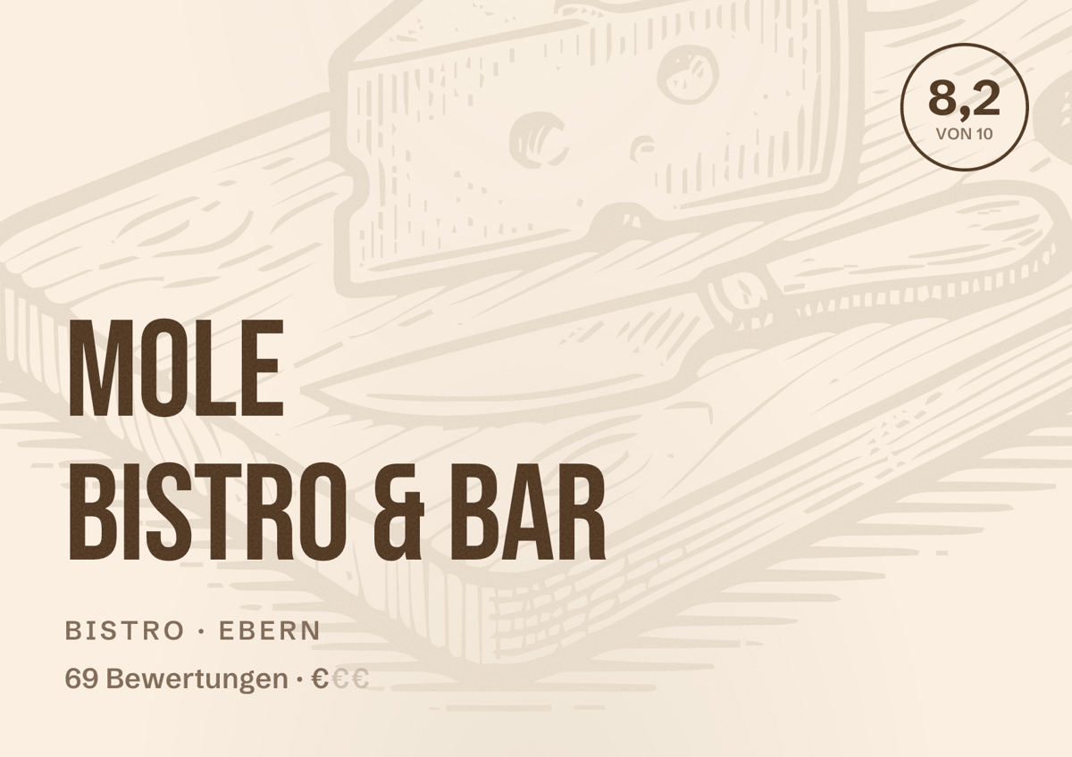 Illustriertes Poster von mole bistro & bar, Bistro in Ebern: Bewertung 8,2 von 10 aus 69 Bewertungen, Preisniveau €