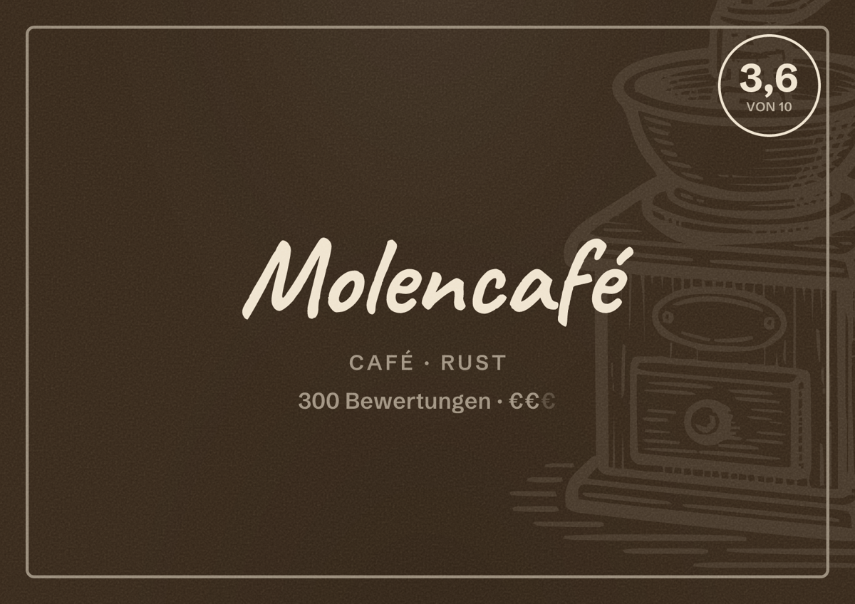 Illustriertes Poster von Molencafé, Café in Rust: Bewertung 3,6 von 10 aus 300 Bewertungen, Preisniveau €€