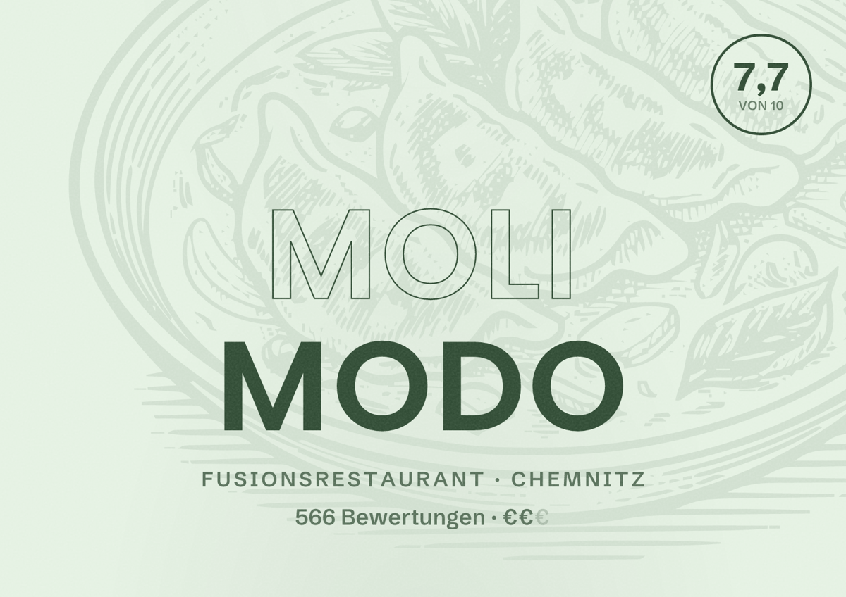 Illustriertes Poster von Moli Modo, Fusionsrestaurant in Chemnitz: Bewertung 7,7 von 10 aus 566 Bewertungen, Preisniveau €€