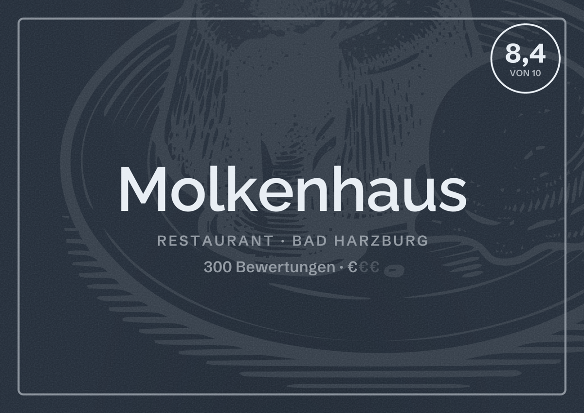 Illustriertes Poster von Molkenhaus, Restaurant in Bad Harzburg: Bewertung 8,4 von 10 aus 300 Bewertungen, Preisniveau €